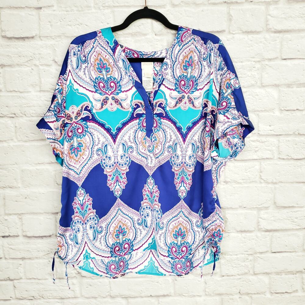 Chico's Sz 3 Blue Purple Paisley Short Sleeve V-neck Top Blouse Chicos XL 16